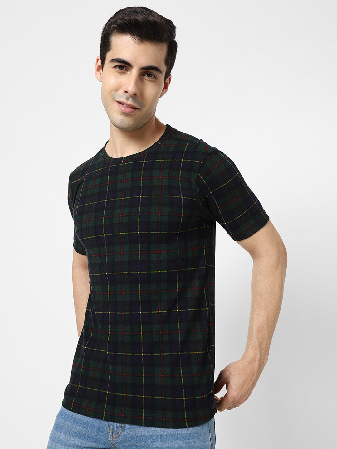 

VASTRADO Men Green & Blue Checked T-shirt