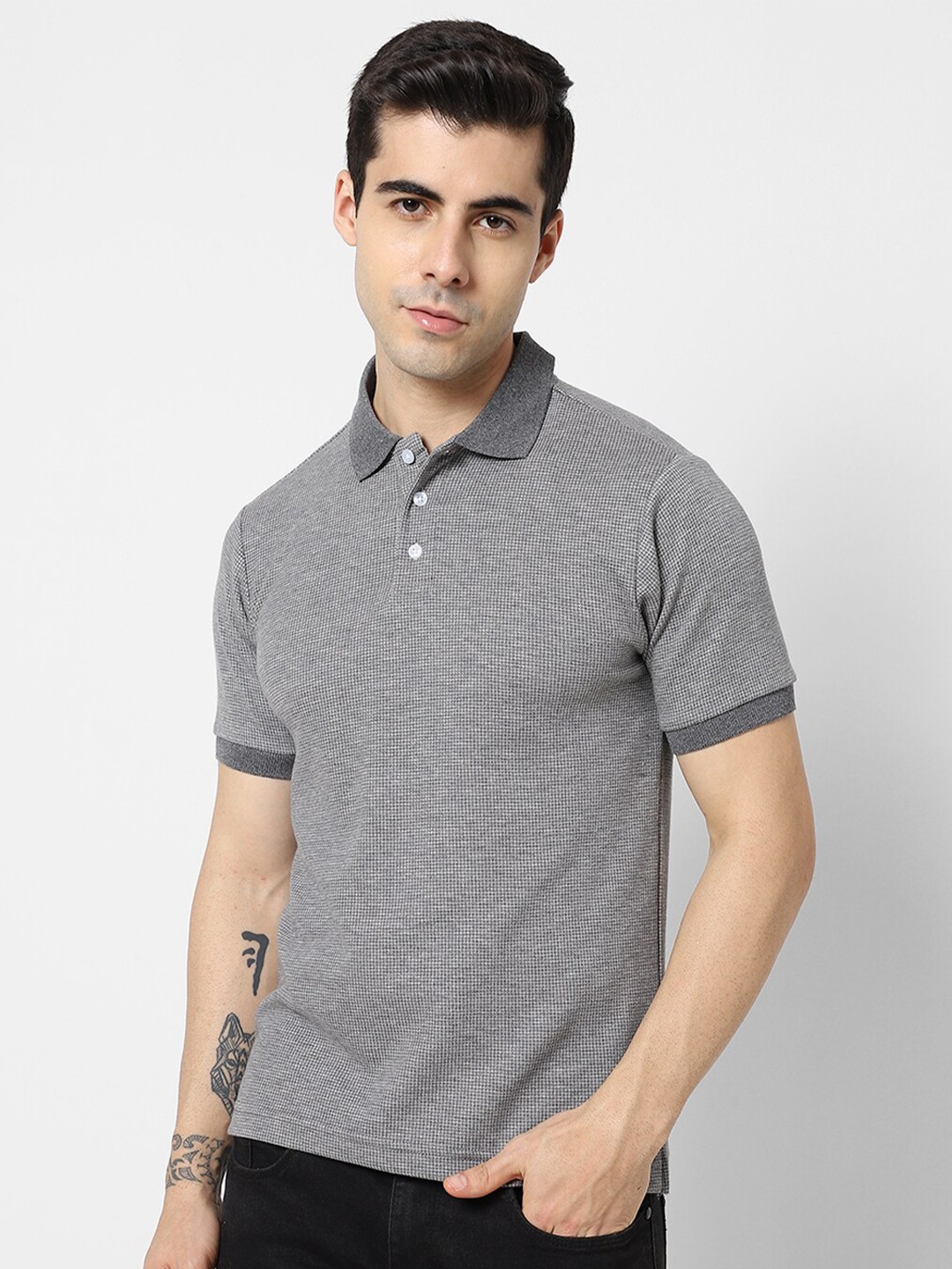 

VASTRADO Men Grey Polo Collar Cotton T-shirt