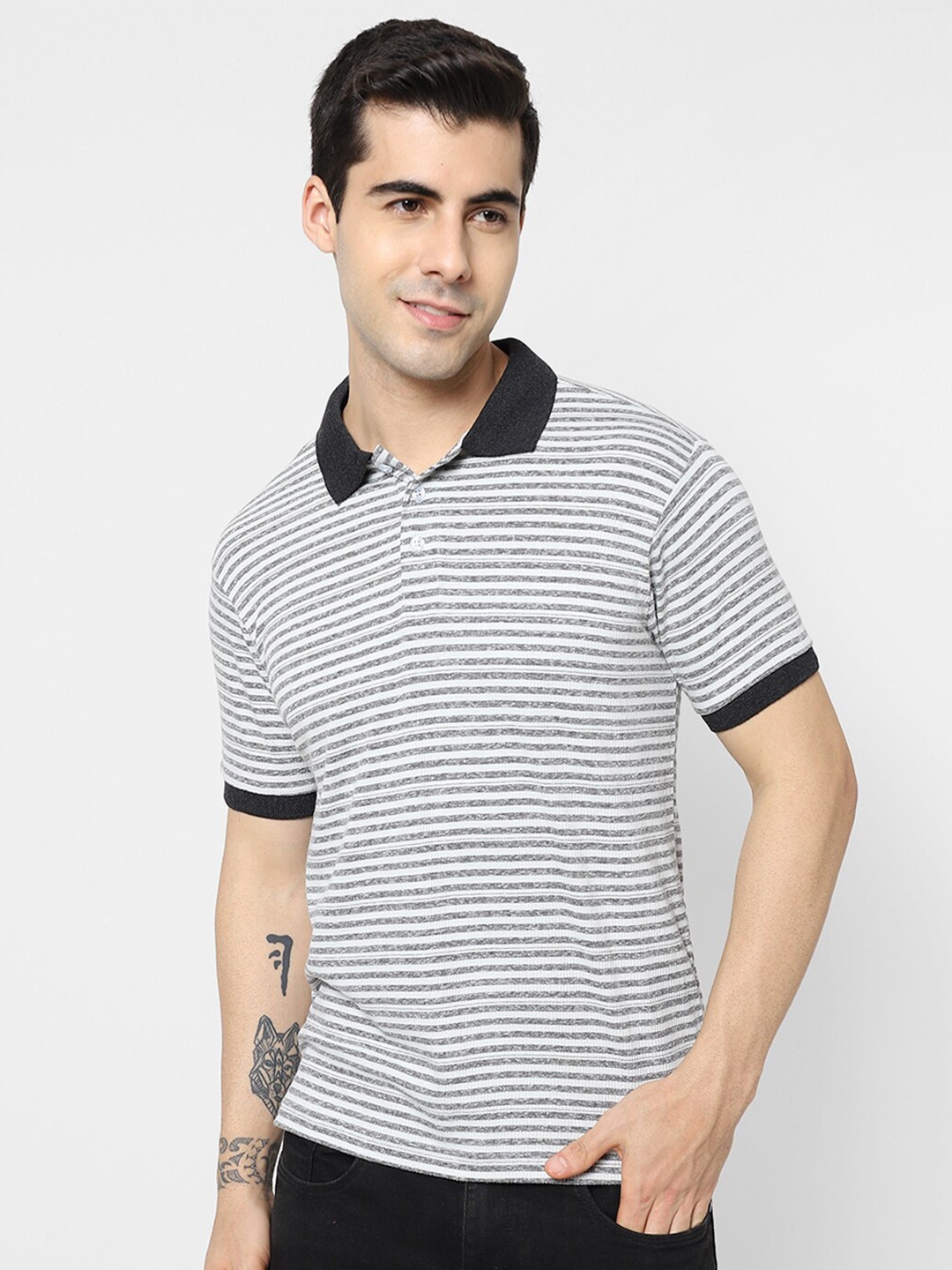 

VASTRADO Men Grey & Black Striped Polo Collar T-shirt