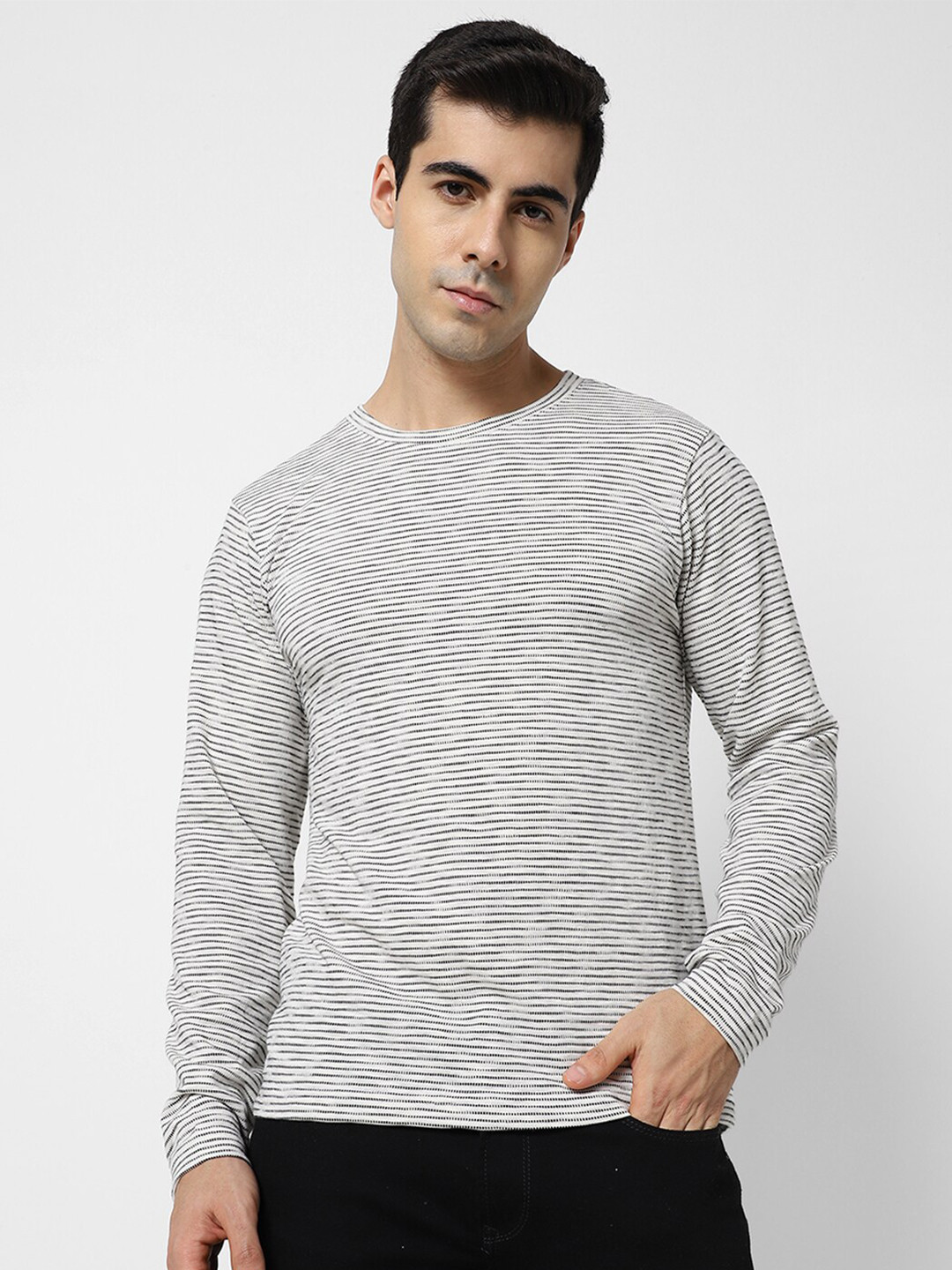 

VASTRADO Men White & Black Striped Cotton T-shirt