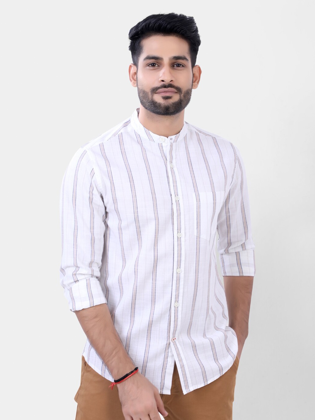 

VASTRADO Men White Comfort Striped Casual Cotton Shirt