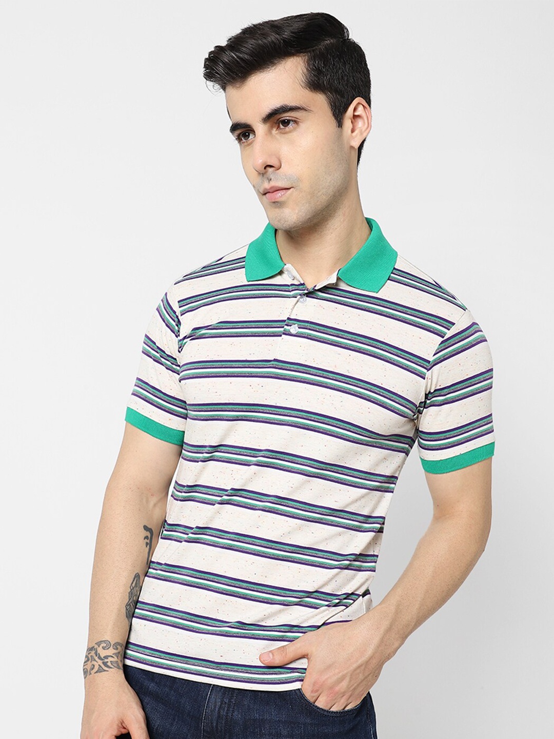 

VASTRADO Men Off White & Sea Green Striped Polo Collar T-shirt