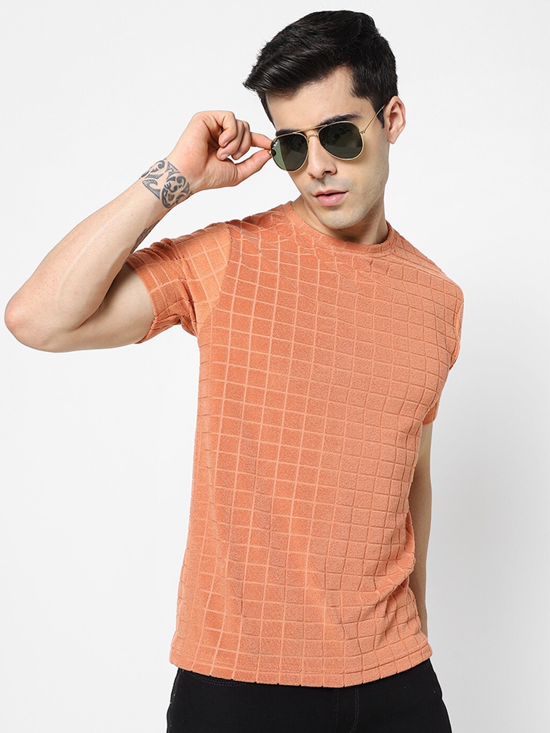 

VASTRADO Men Orange Checked T-shirt