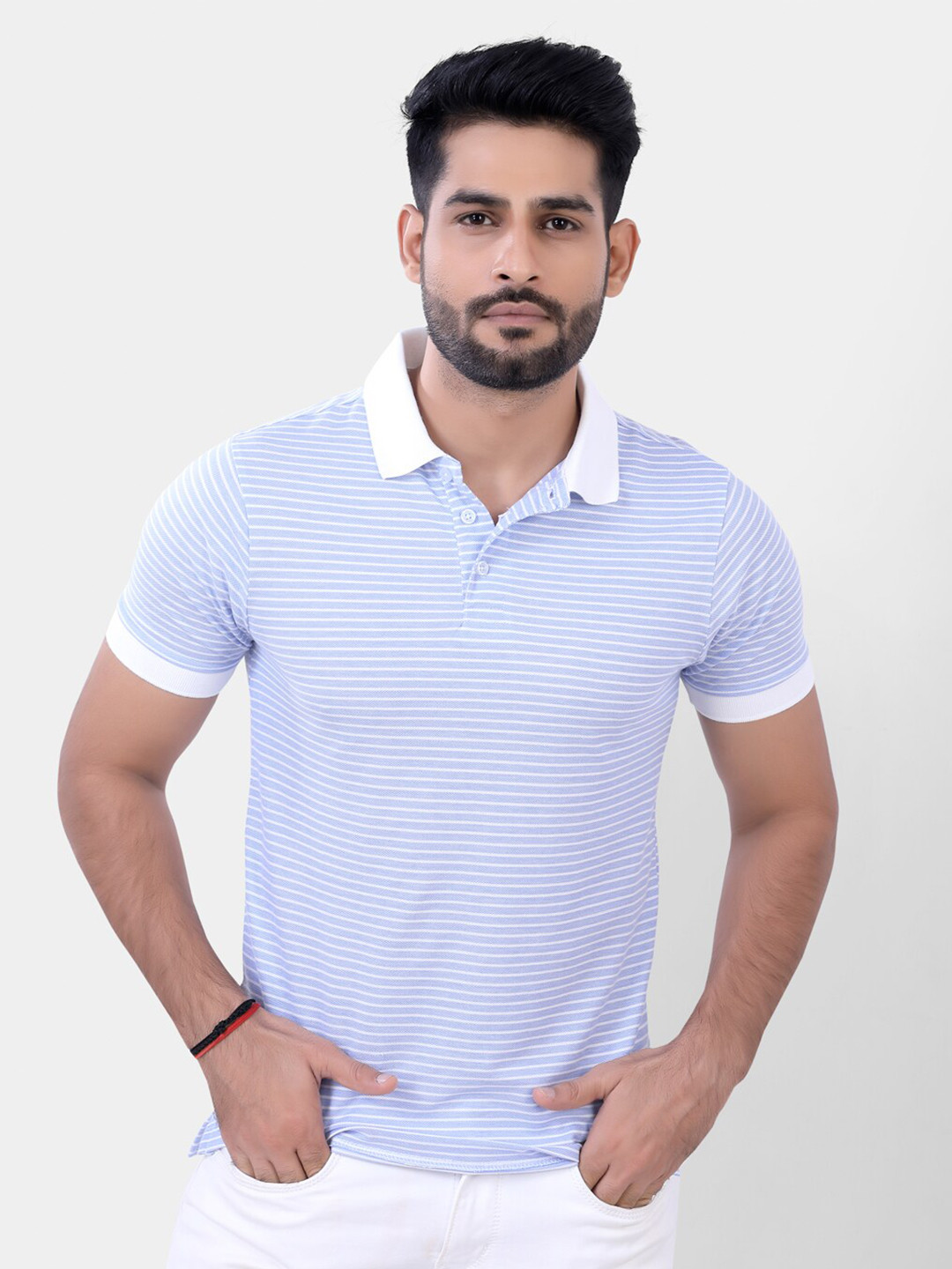 

VASTRADO Men Blue & White Striped Polo Collar T-shirt