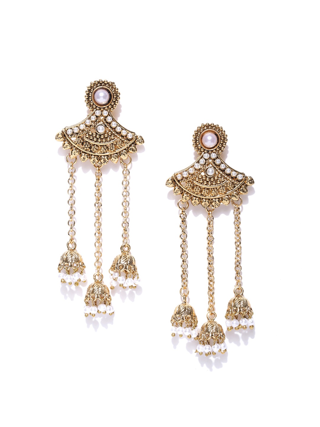 

Zaveri Pearls Antique Gold-Plated Stone-Studded Beaded Jhumkas