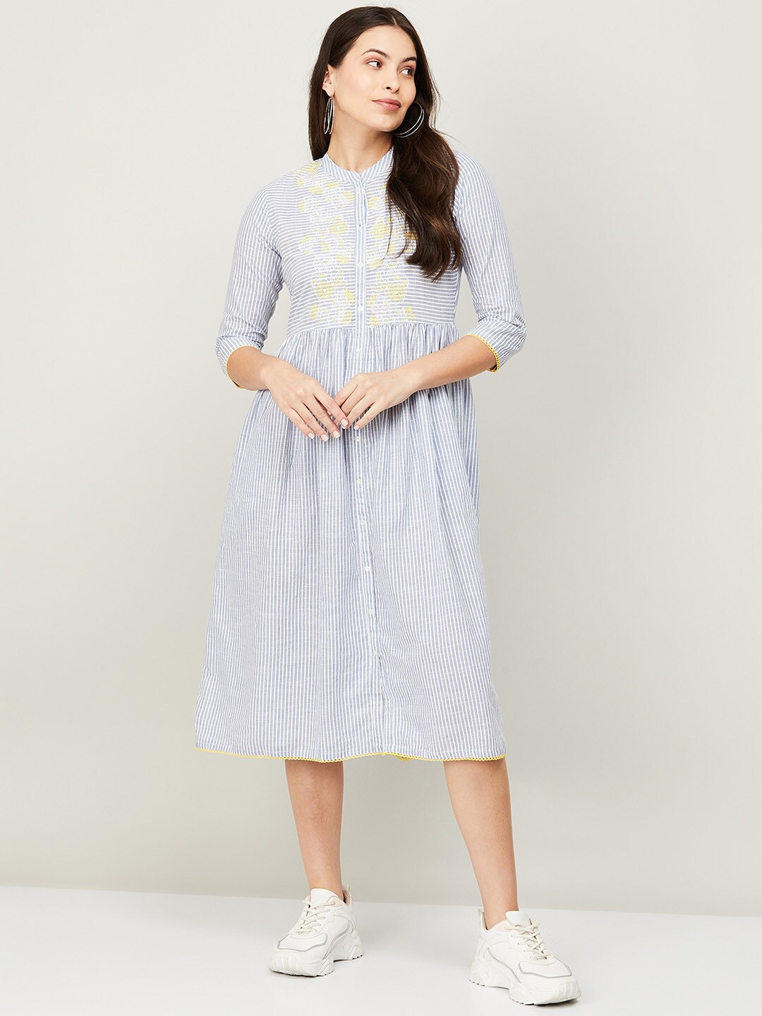 

Colour Me by Melange Women Blue & White Striped Midi Dress