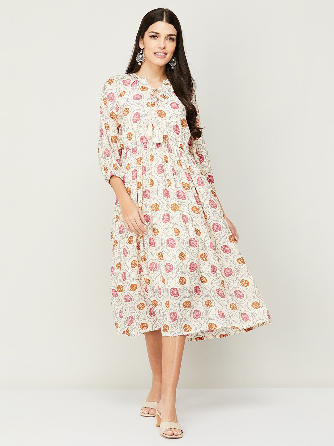 

Colour Me by Melange Women White & Pink Floral Tie-Up Neck A-Line Midi Dress