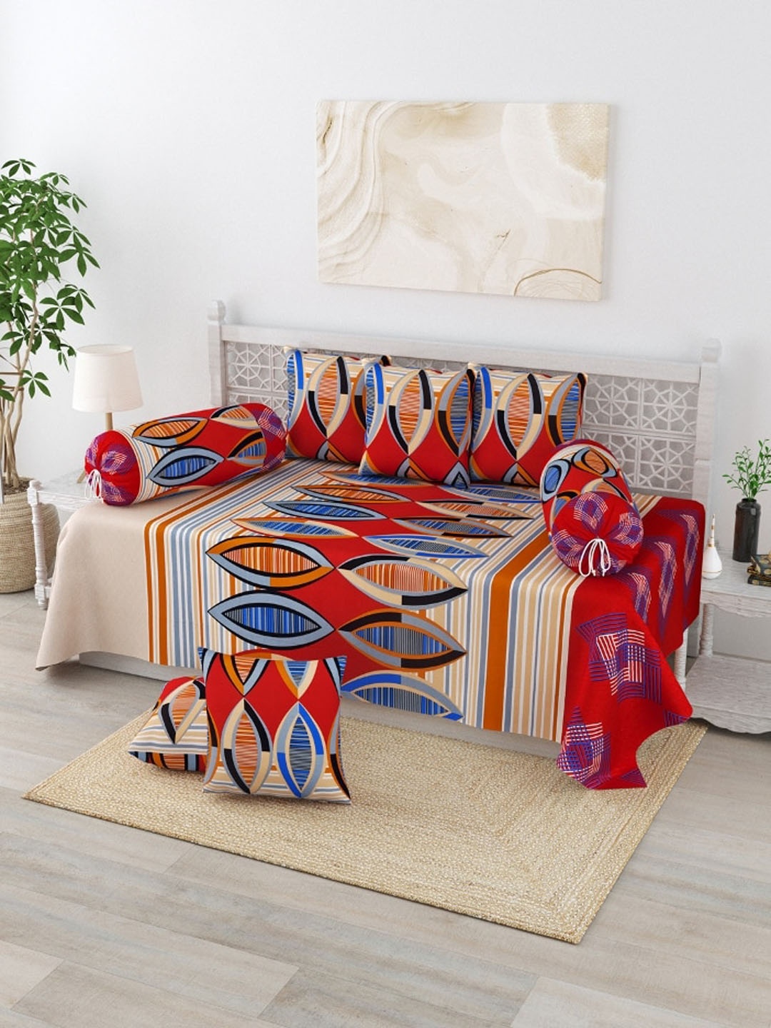 

Salona Bichona Set of 8 Red Printed 120 TC Pure Cotton Diwan Set