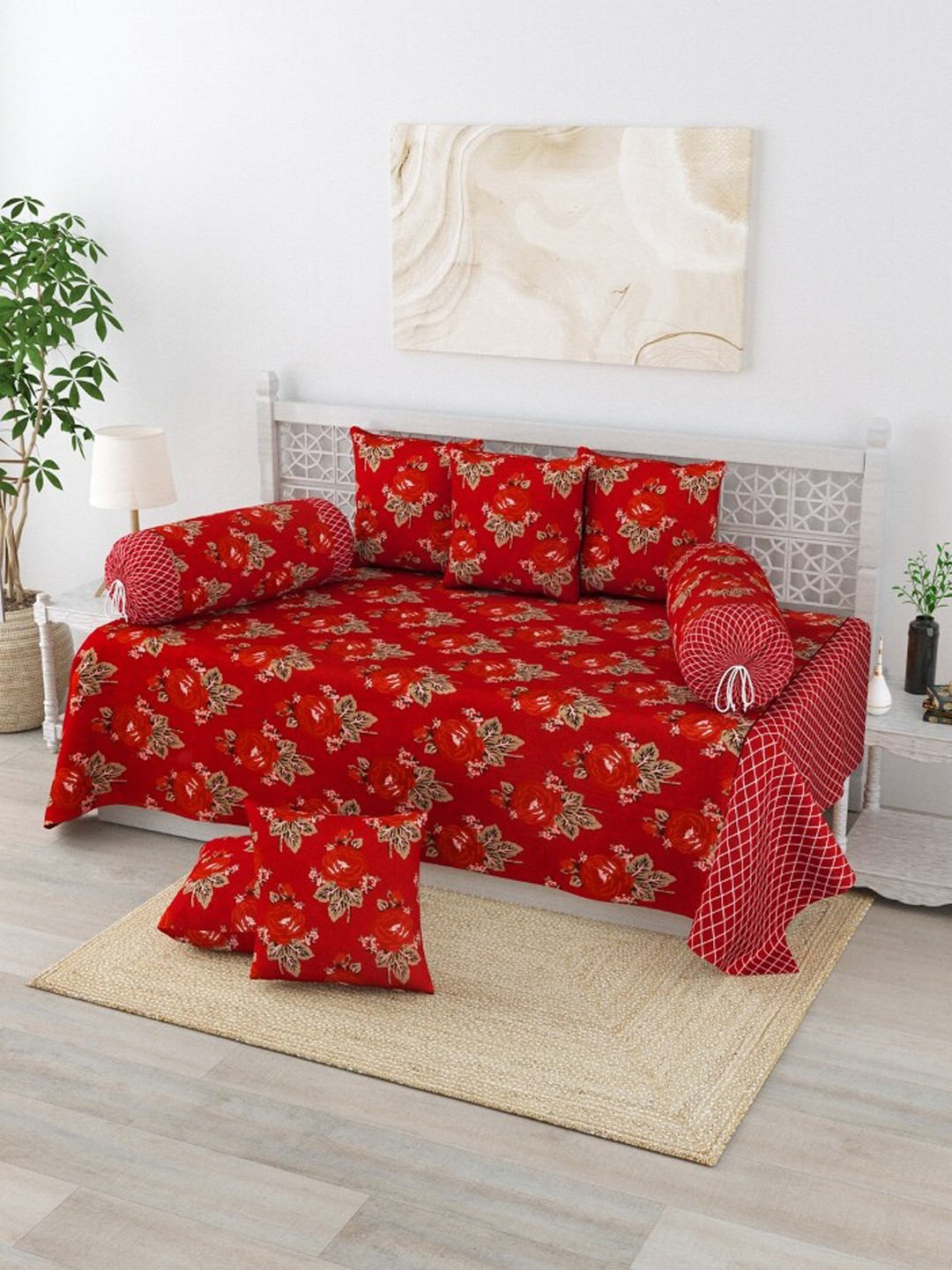 

Salona Bichona Set Of 8 Red Printed Pure-Cotton 120TC Diwan Set