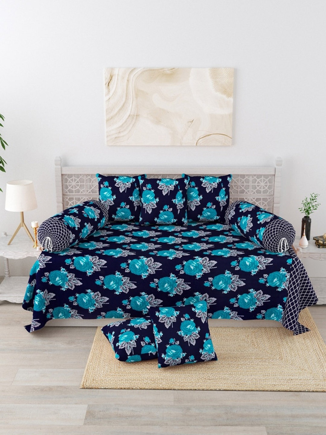 

Salona Bichona Set Of 8 Blue Printed Cotton Single Bedsheet With Bolster Covers & Cushion Covers