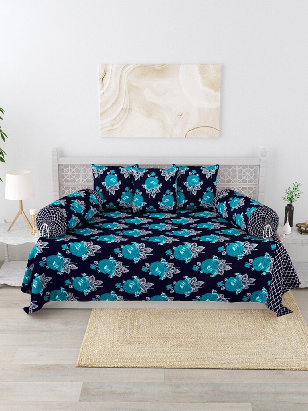 

Salona Bichona Set Of 6 Blue Printed 120 TC Pure Cotton Diwan Set