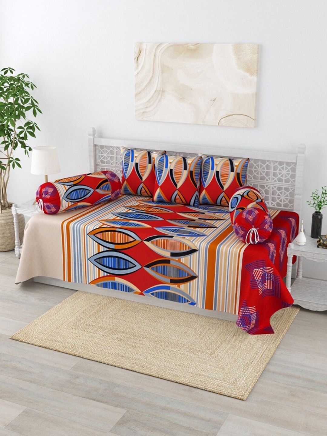 

Salona Bichona Set Of 6 Red & Blue Printed 120 TC Pure Cotton Diwan Set