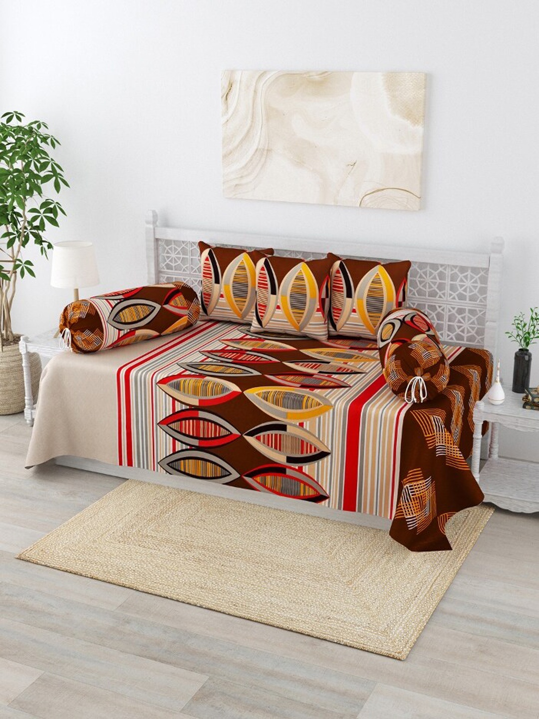 

Salona Bichona Set Of 6 Brown Gomentric Printed Cotton Diwan Set