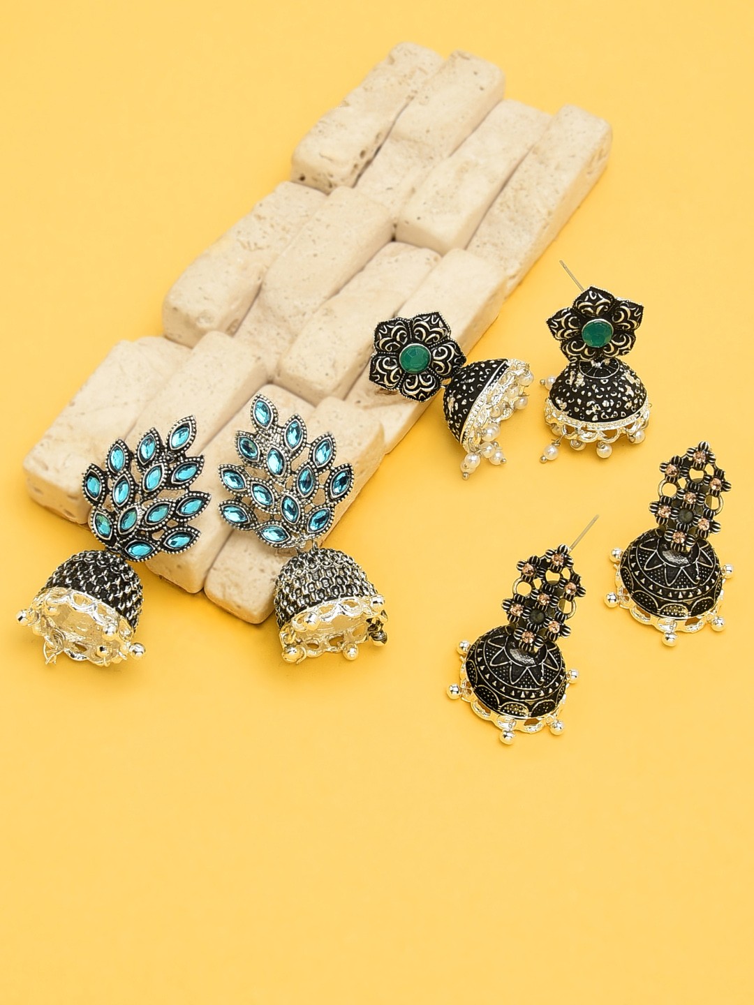 

Zaveri Pearls Set of 3 Oxidised Silver-Plated Stone-Studded Jhumkas