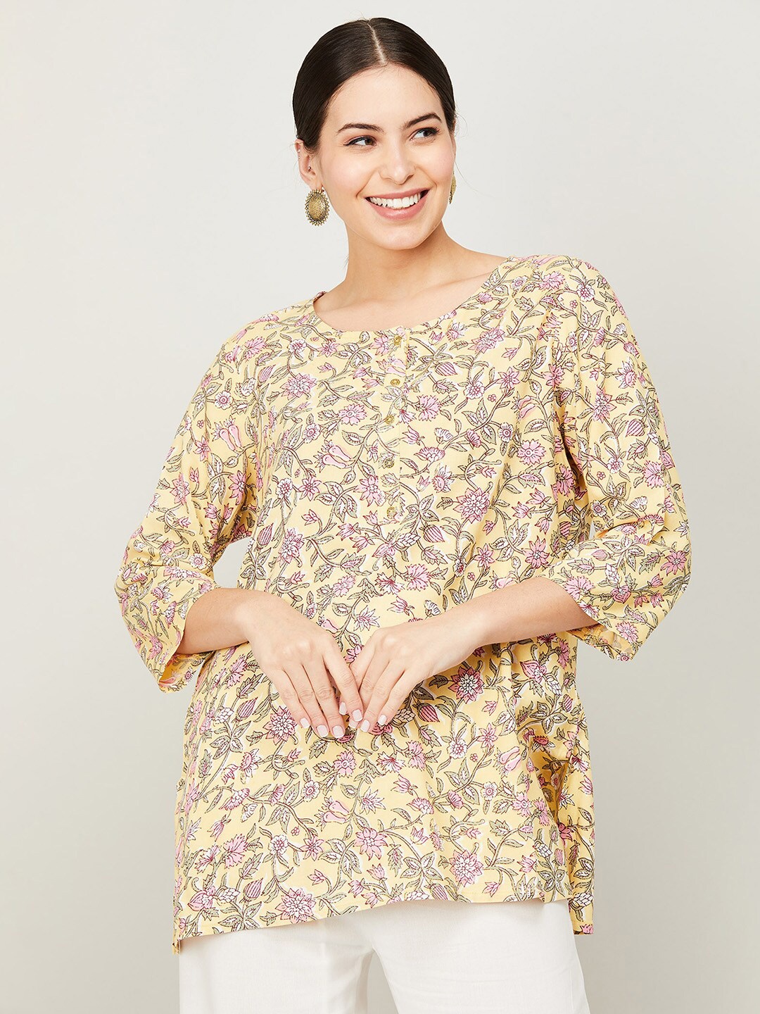 

Melange by Lifestyle Yellow & Pink Floral Printed Kurti