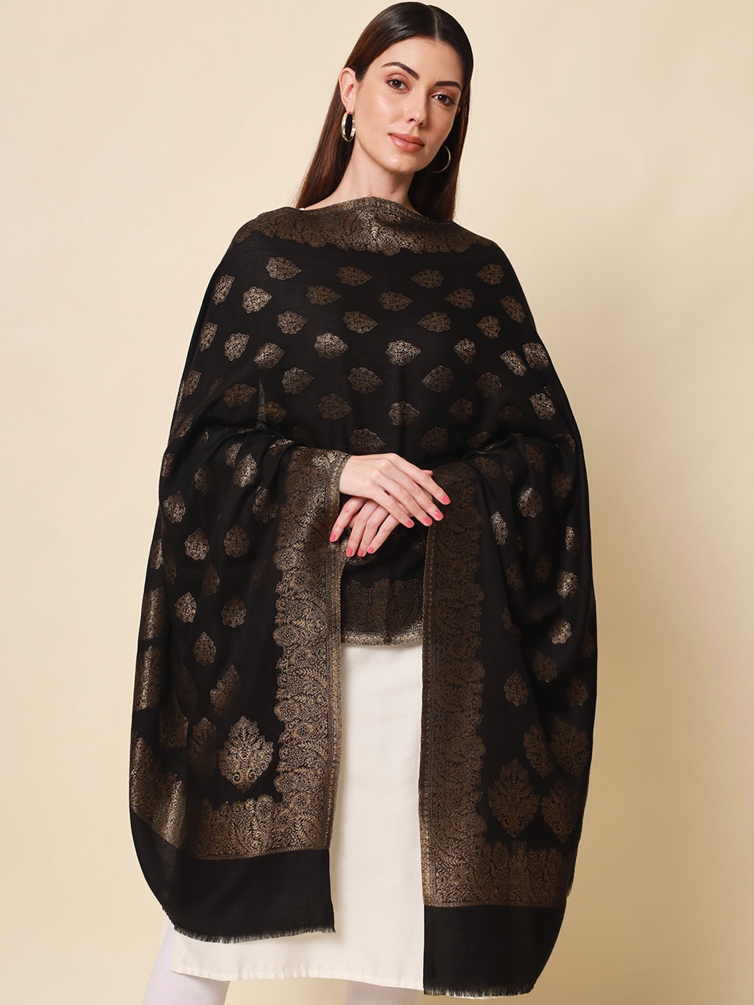 

Pashmoda Women Black Kaani Zari Woven Shawl