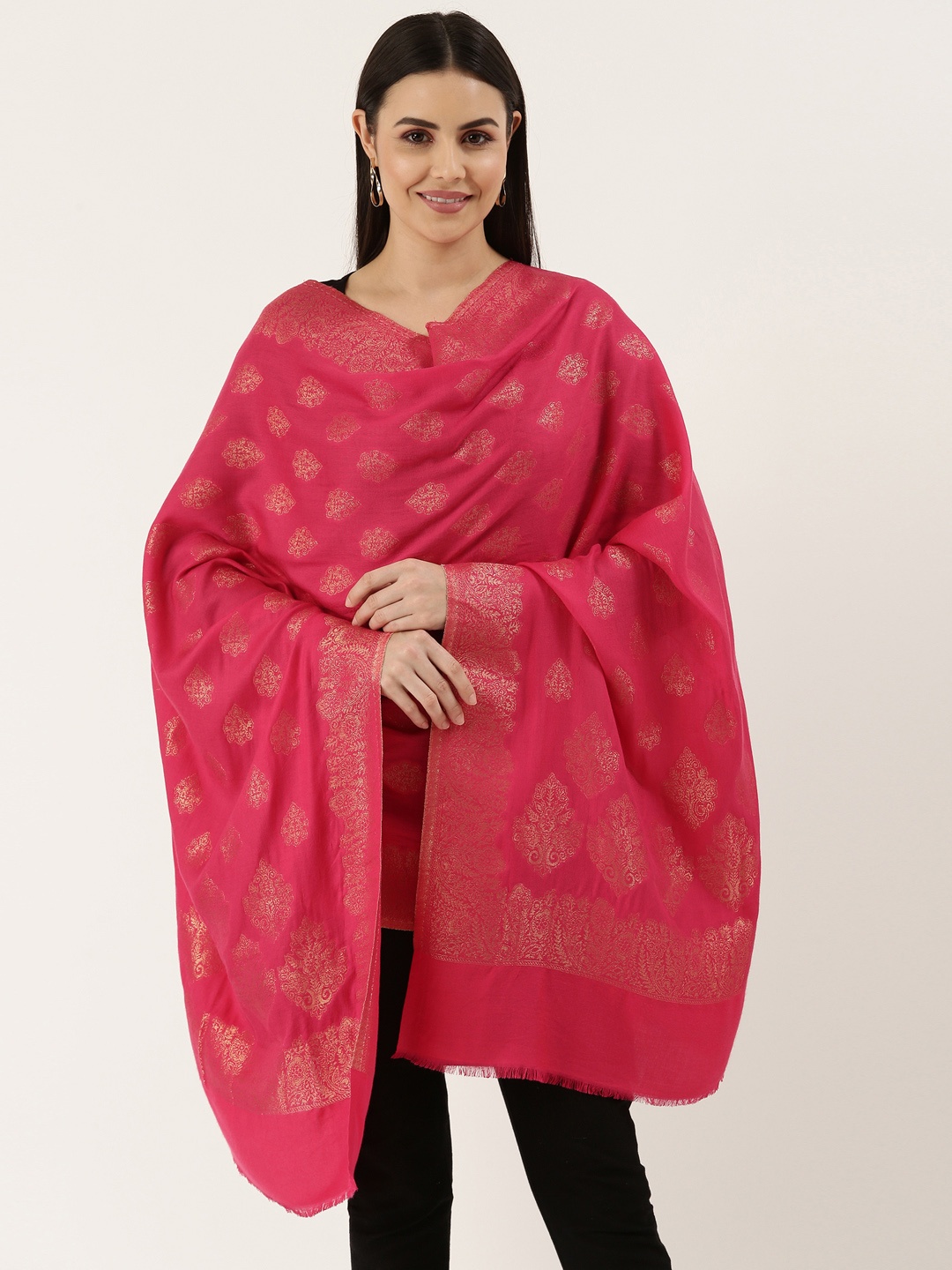

Pashmoda Women Pink Woven Design Zari Shawl