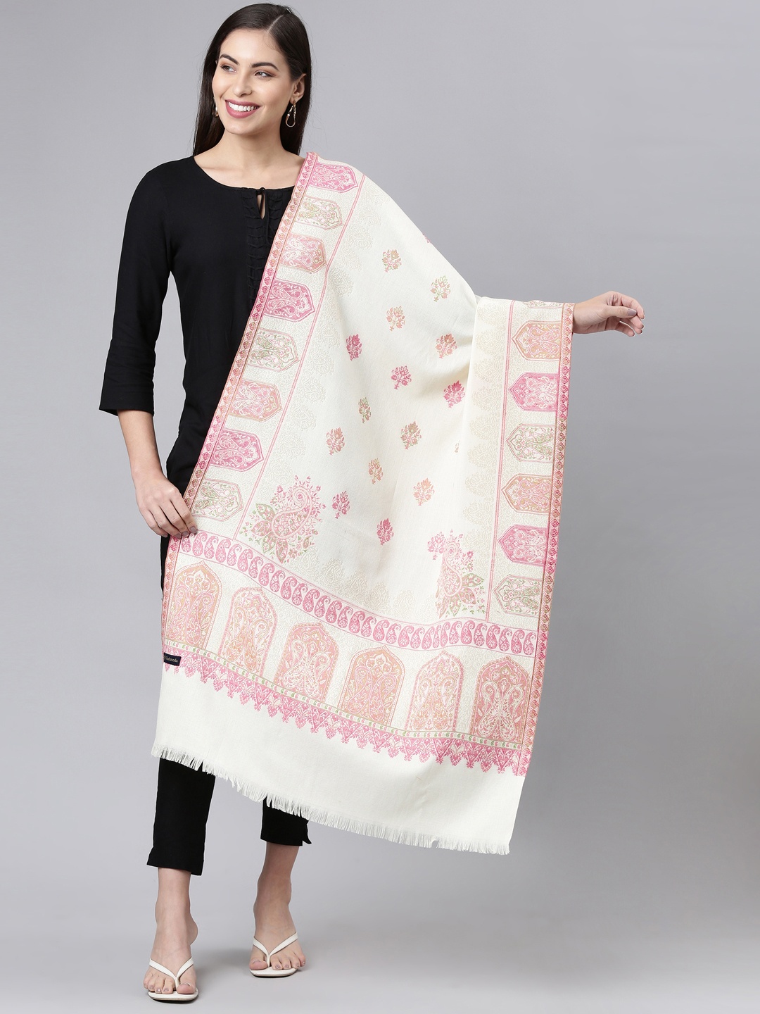 

Pashmoda Women White & Pink Floral Design Woven Shawl