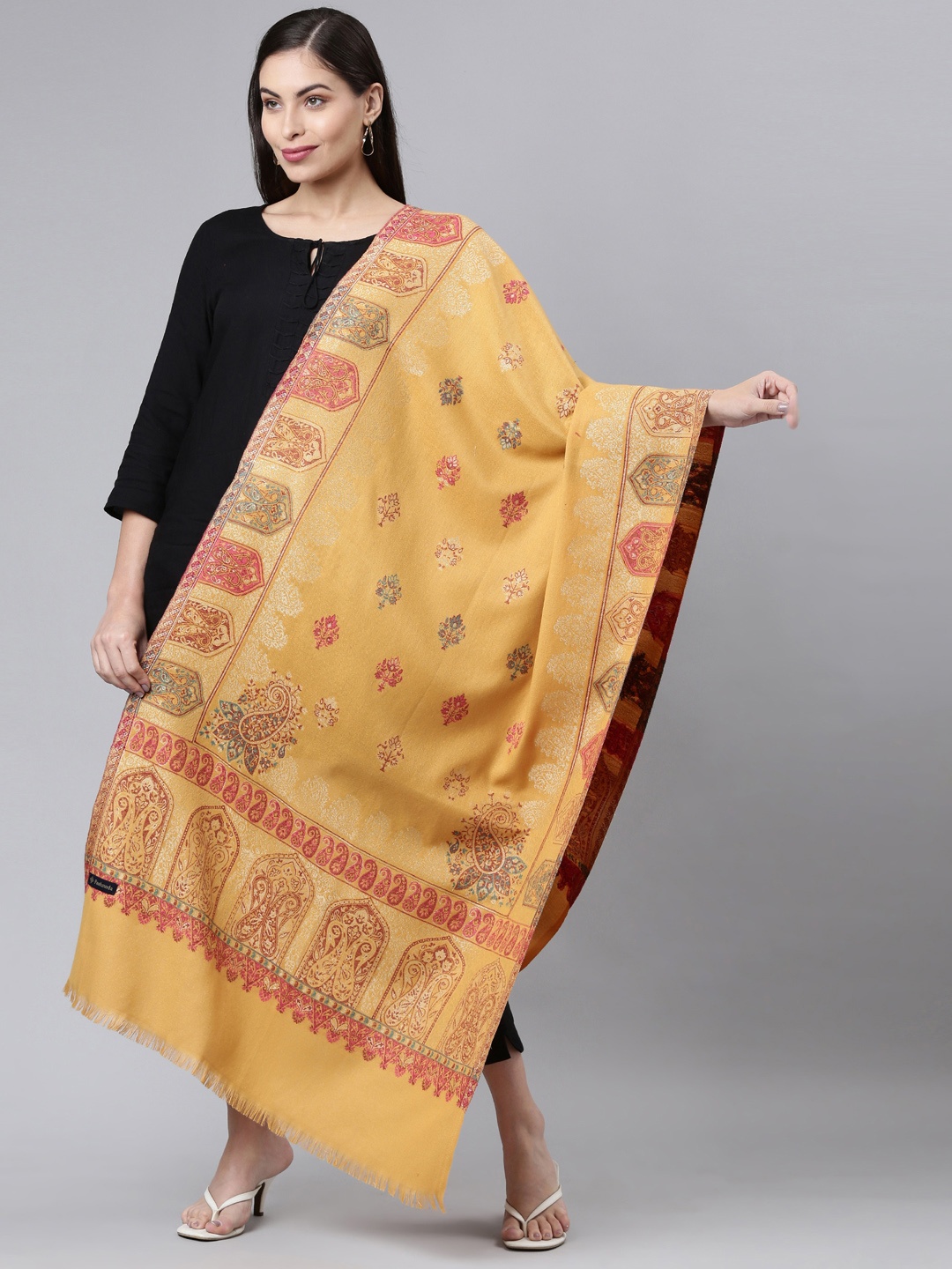 Pashmoda Women Mustard Yellow Floral Printed Kaani Woolen Shawl