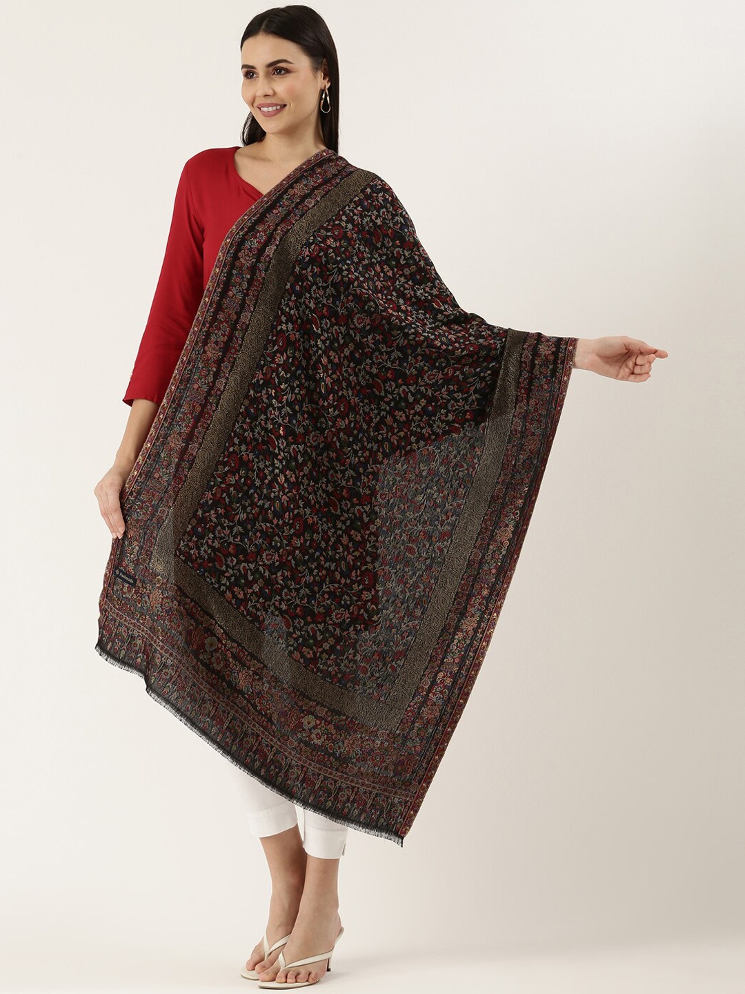 

Pashmoda Women Black Floral Design Woven Shawl