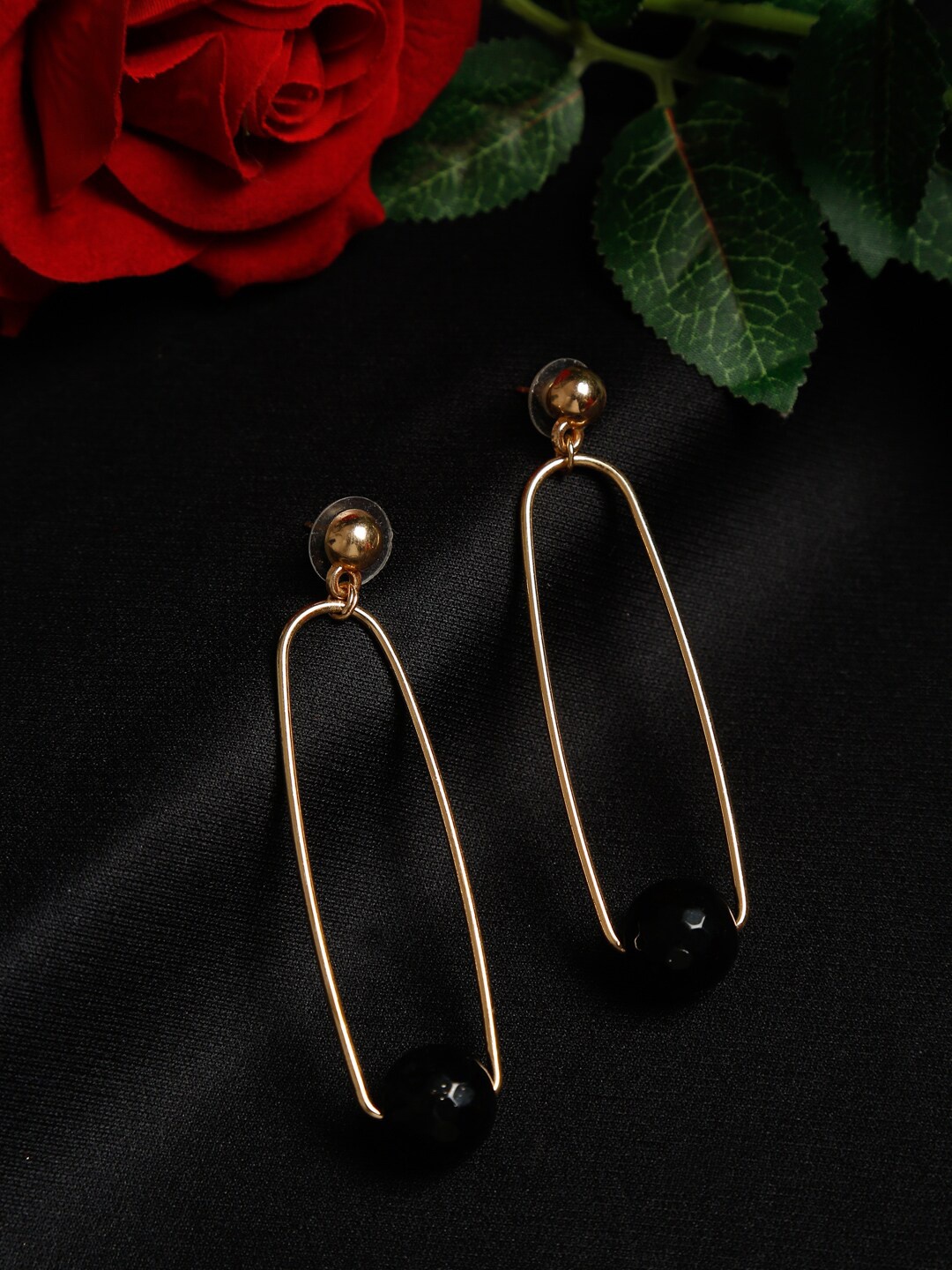 

Madame Women Gold-Plated & Black Contemporary Drop Earrings