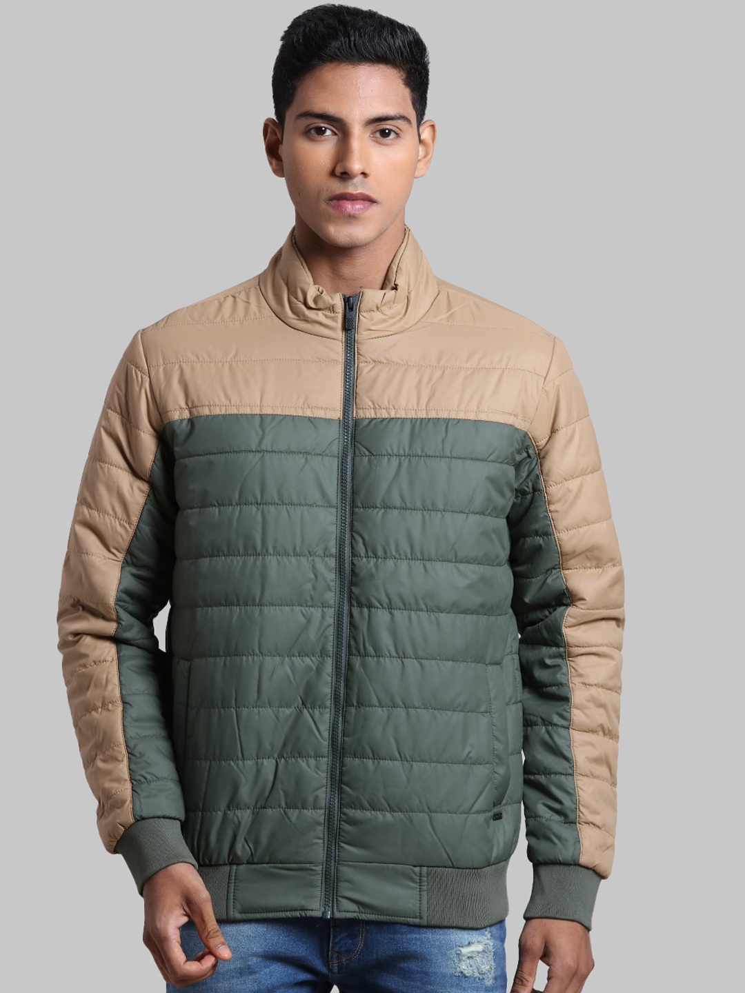 

Parx Men Green Beige Colourblocked Puffer Jacket