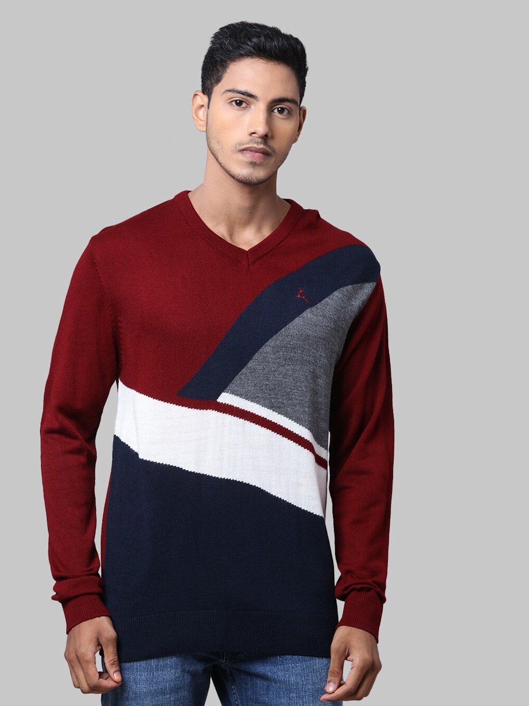 

Parx Men Maroon & White Colourblocked Pullover Sweater