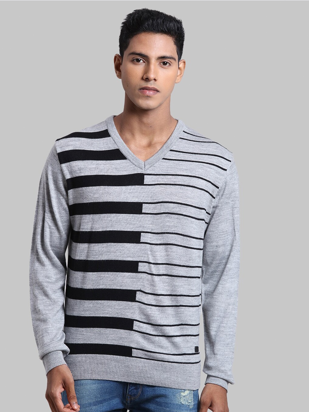 

Parx Men Grey & Black Striped Pullover Sweater