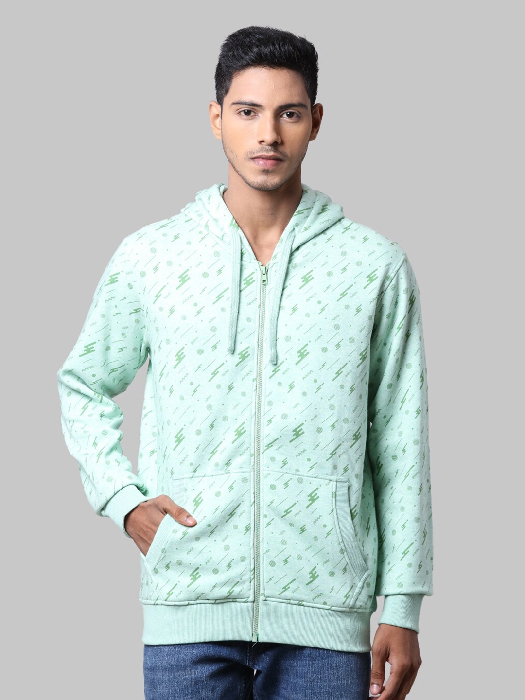 

Parx Men Sea Green Printed Hooded Sweatshirt