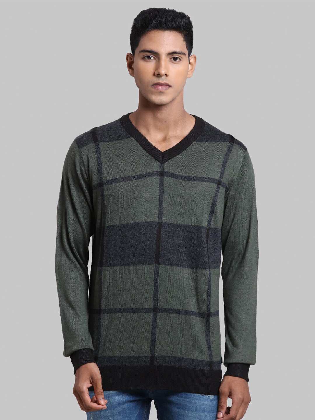 

Parx Men Green & Grey Acrylic Checked Pullover