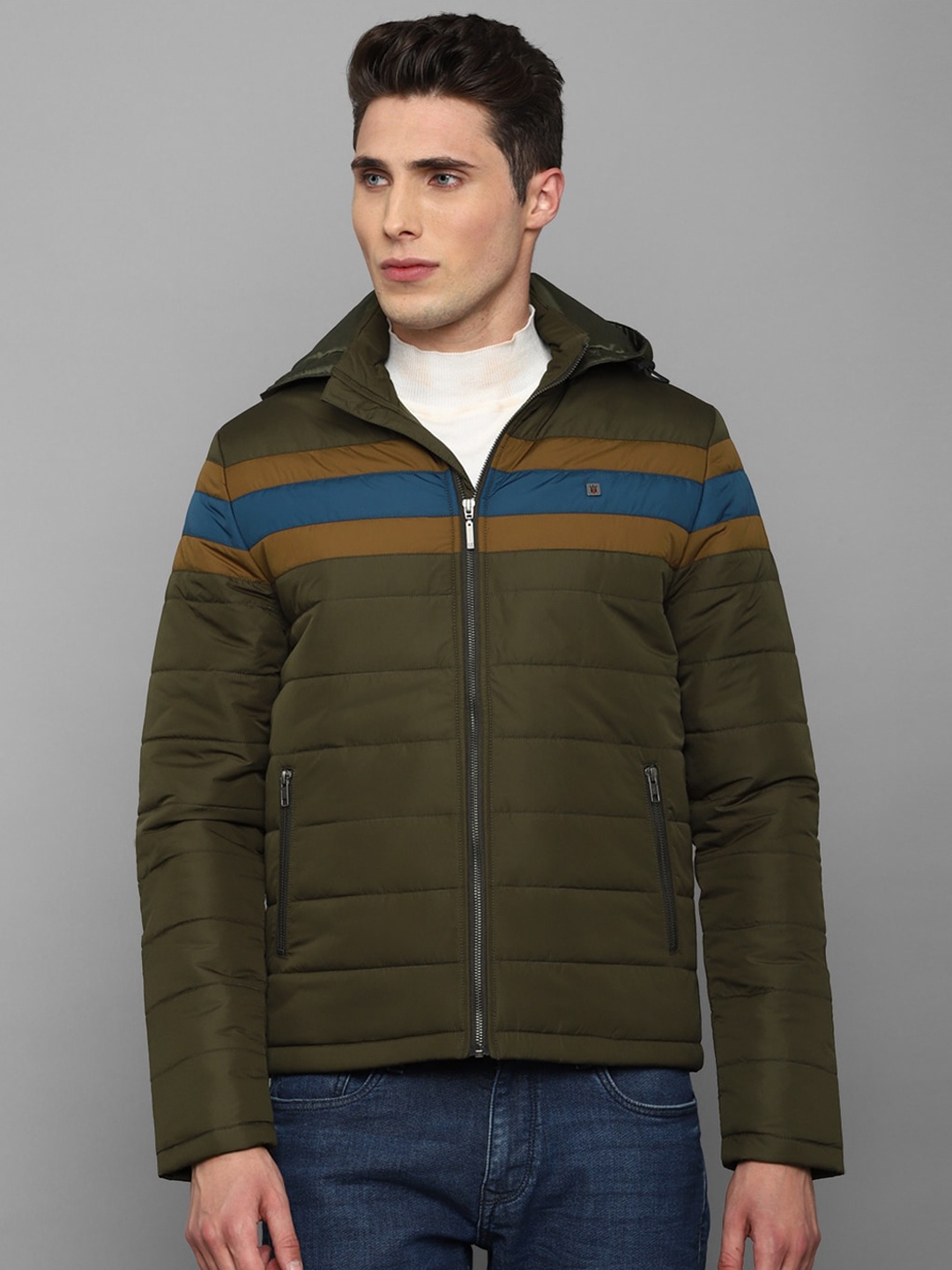 

Louis Philippe Jeans Men Olive Green Striped Hooded Cotton Puffer Jacket