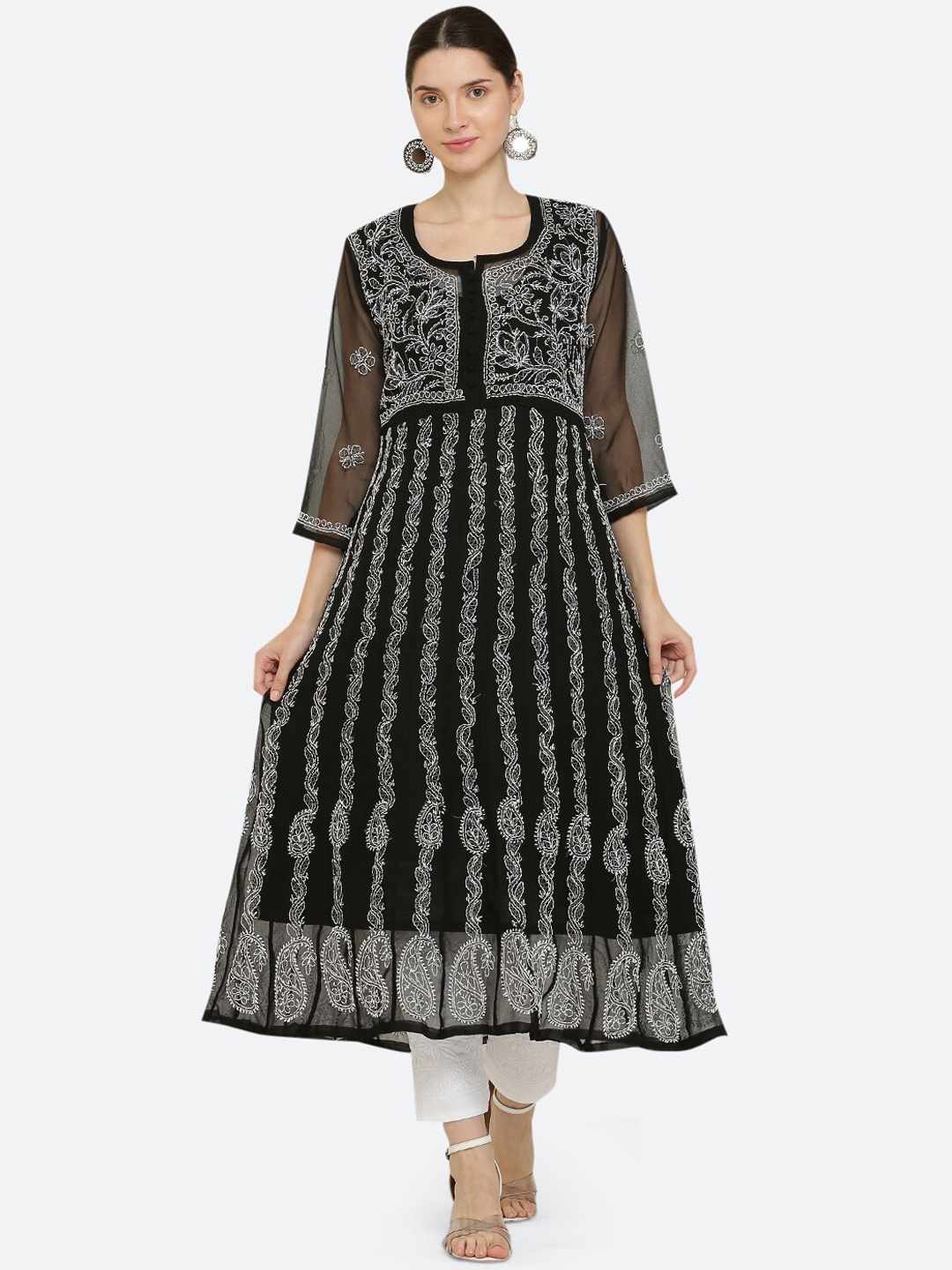 

FAWOMENT Women Black Ethnic Motifs Embroidered Chikankari Georgette Kurta