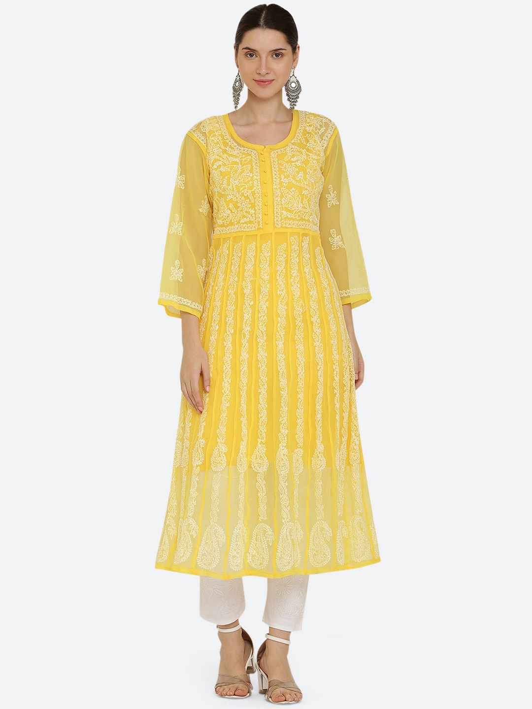 

FAWOMENT Women Yellow Ethnic Motifs Embroidered Chikankari Georgette Kurta