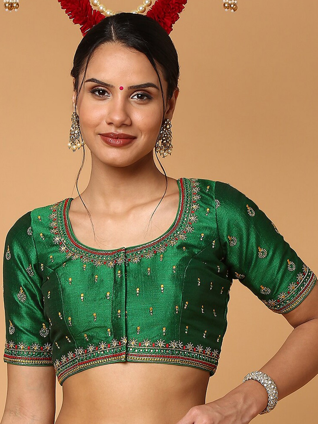 

SALWAR STUDIO Green Embroidered Readymade Silk Saree Blouse
