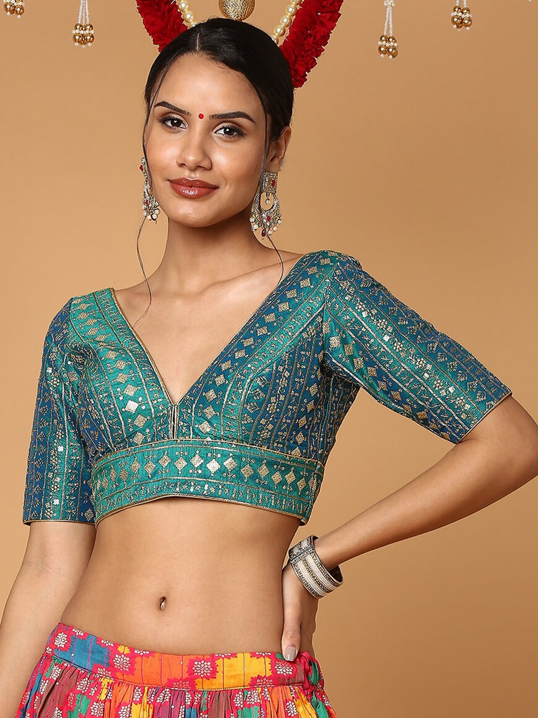 

SALWAR STUDIO Green Embroidered Readymade Saree Blouse