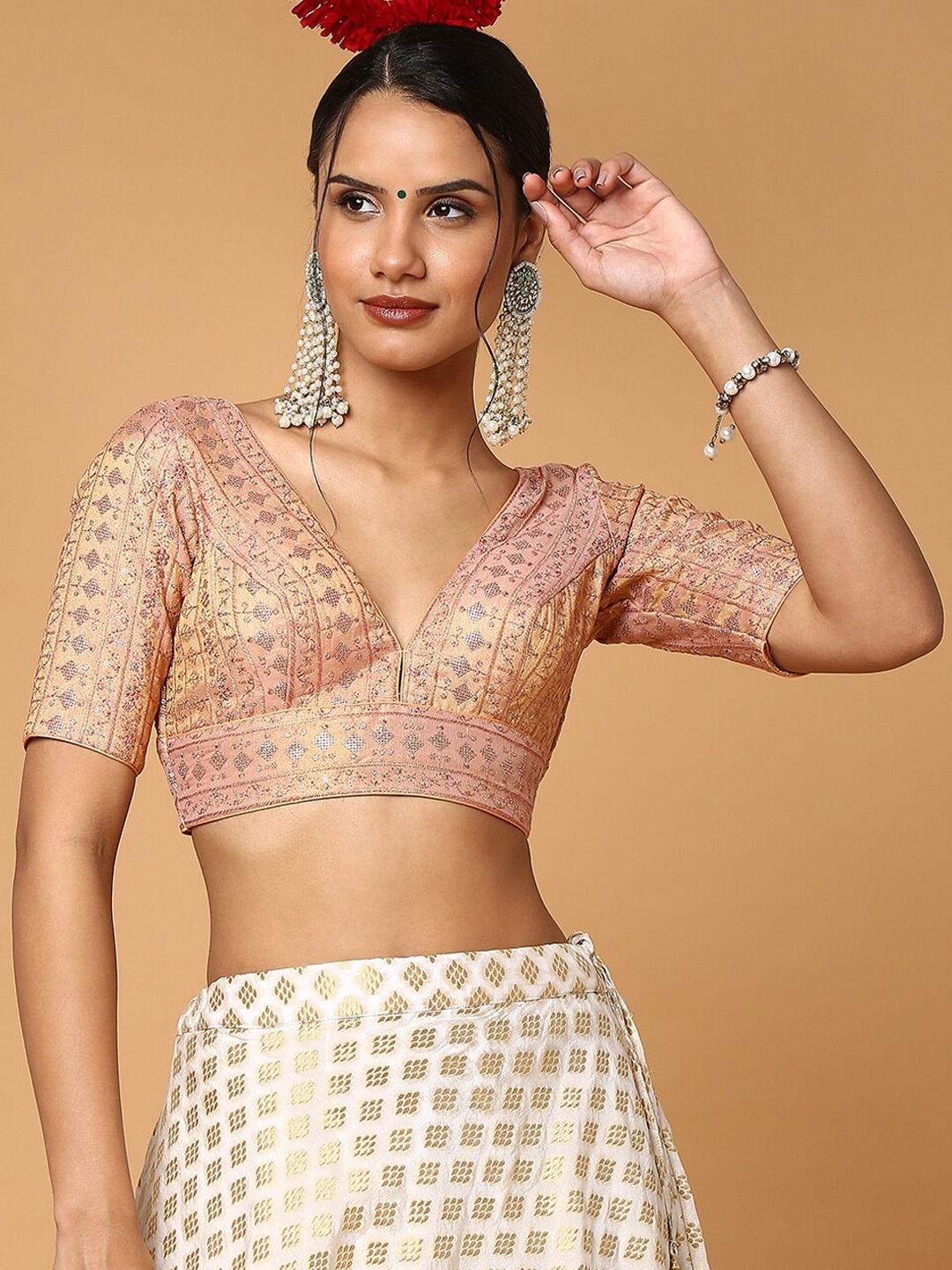

SALWAR STUDIO Rose Gold Embroidered Saree Blouse