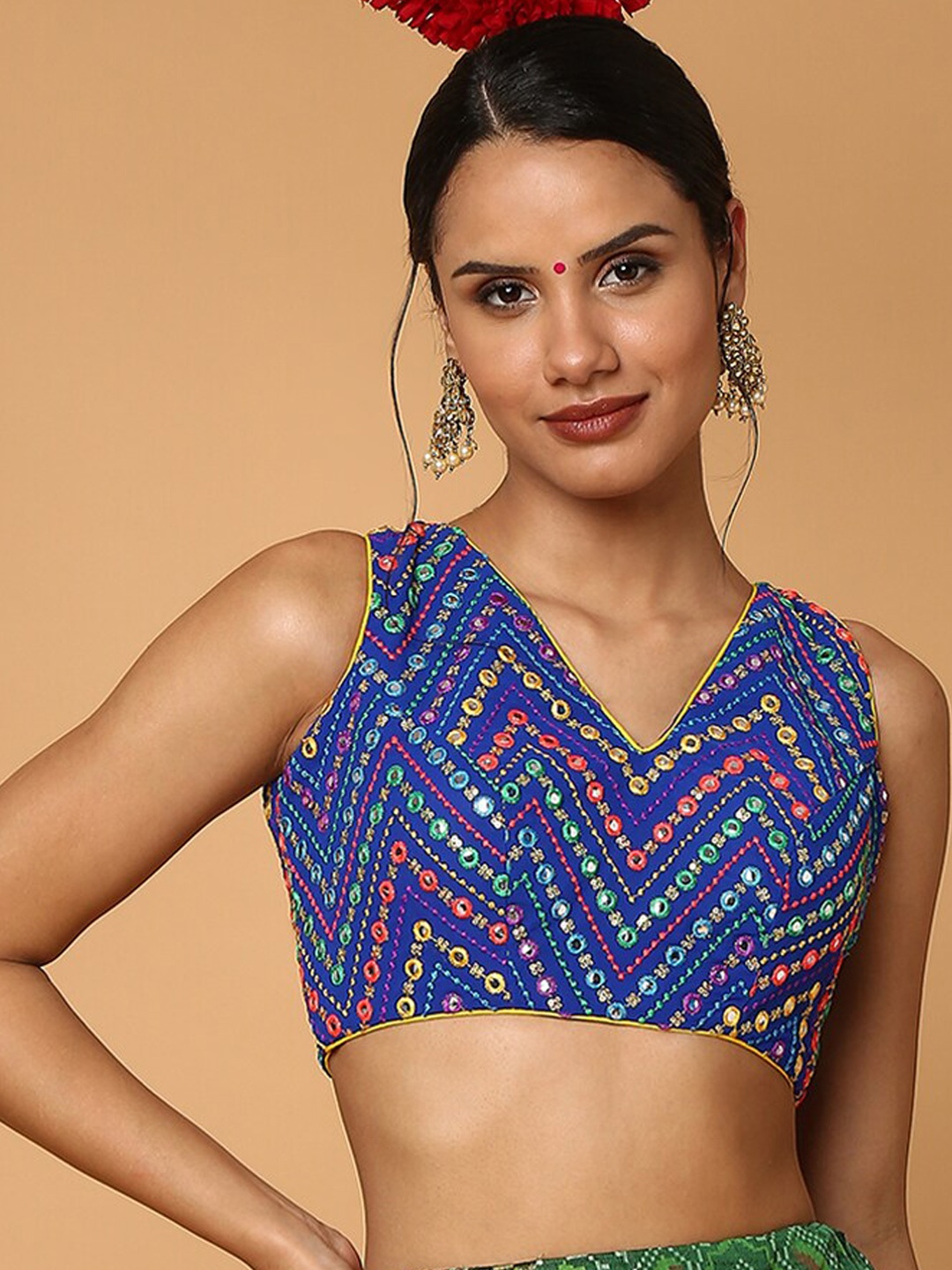 

SALWAR STUDIO Women Blue Mirror Work Sleeveless Saree Blouse