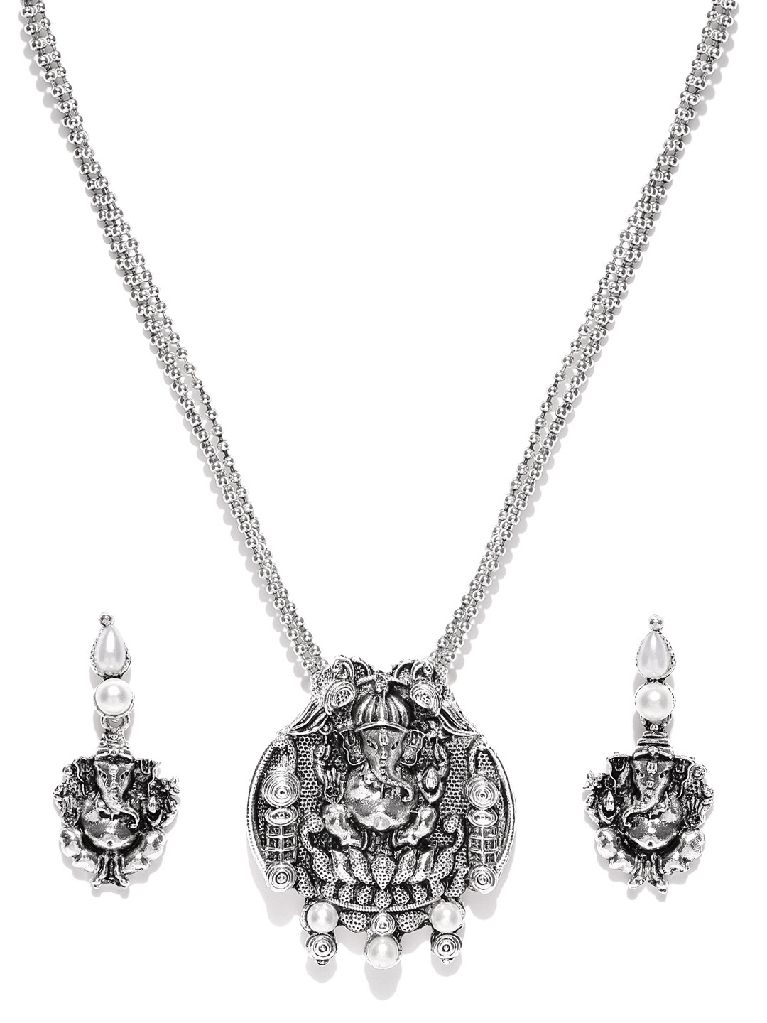 

Zaveri Pearls Oxidised Silver-Toned Lord Ganesha-Textured Jewellery Set