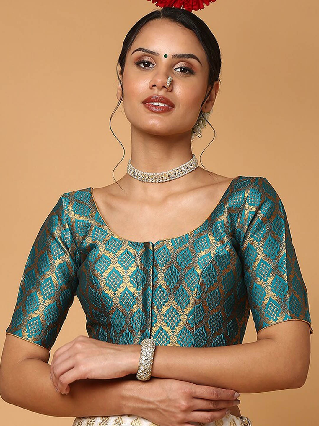 

SALWAR STUDIO Green & Golden Printed Brocade Saree Blouse