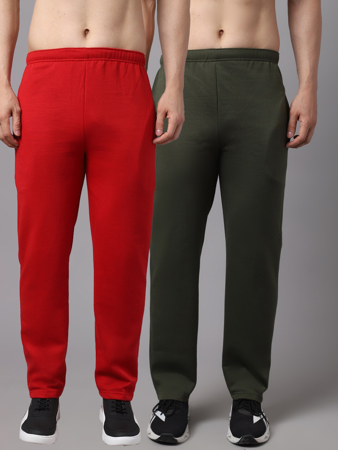 

VIMAL JONNEY Men Pack Of 2 Solid Red & Olive Green Pure-Cotton Track Pants