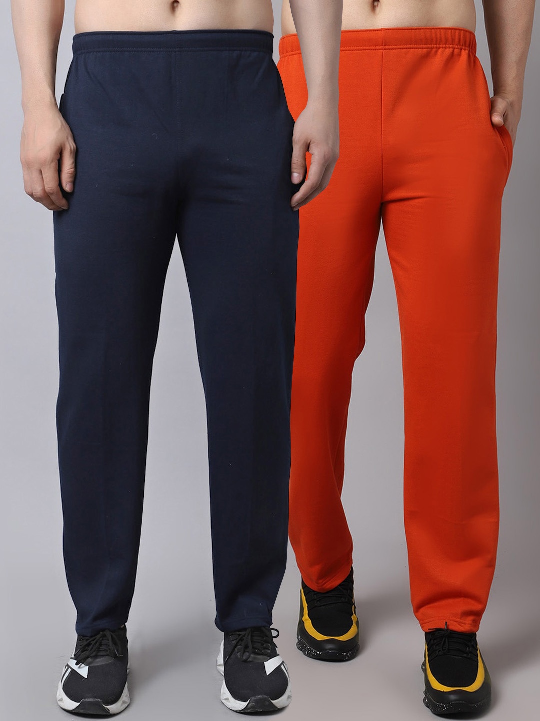 

VIMAL JONNEY Men Pack of 2 Navy Blue & Orange Solid Pure Cotton Track Pants