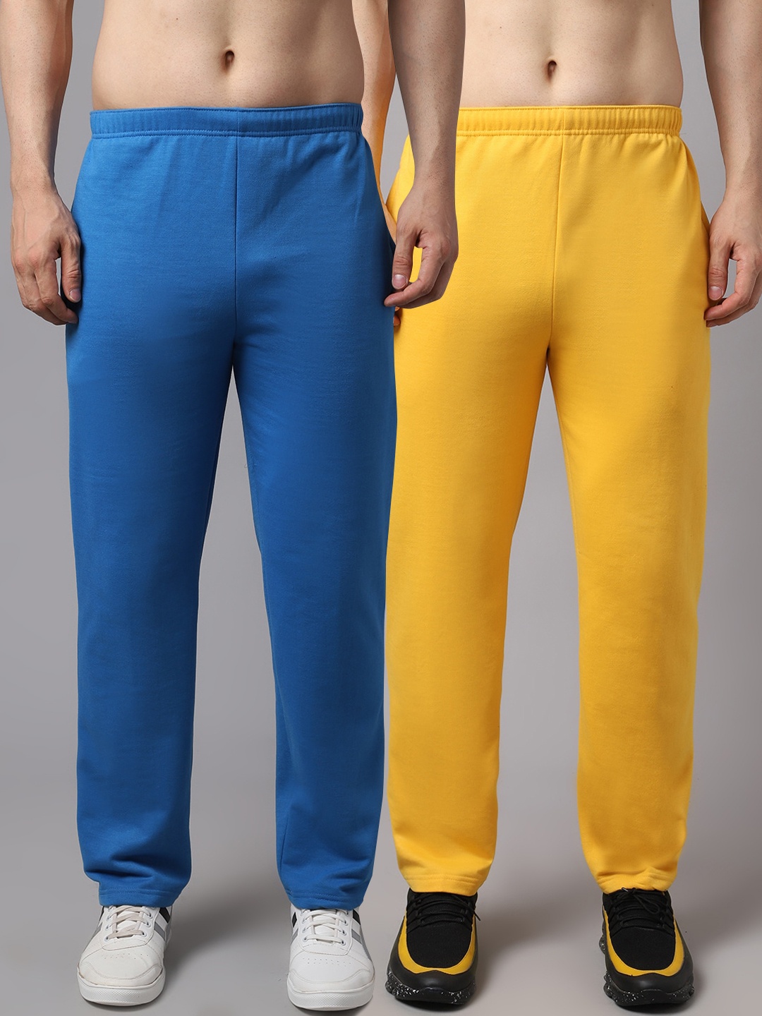 

VIMAL JONNEY Men Pack of 2 Blue & Yellow Solid Pure Cotton Track Pants