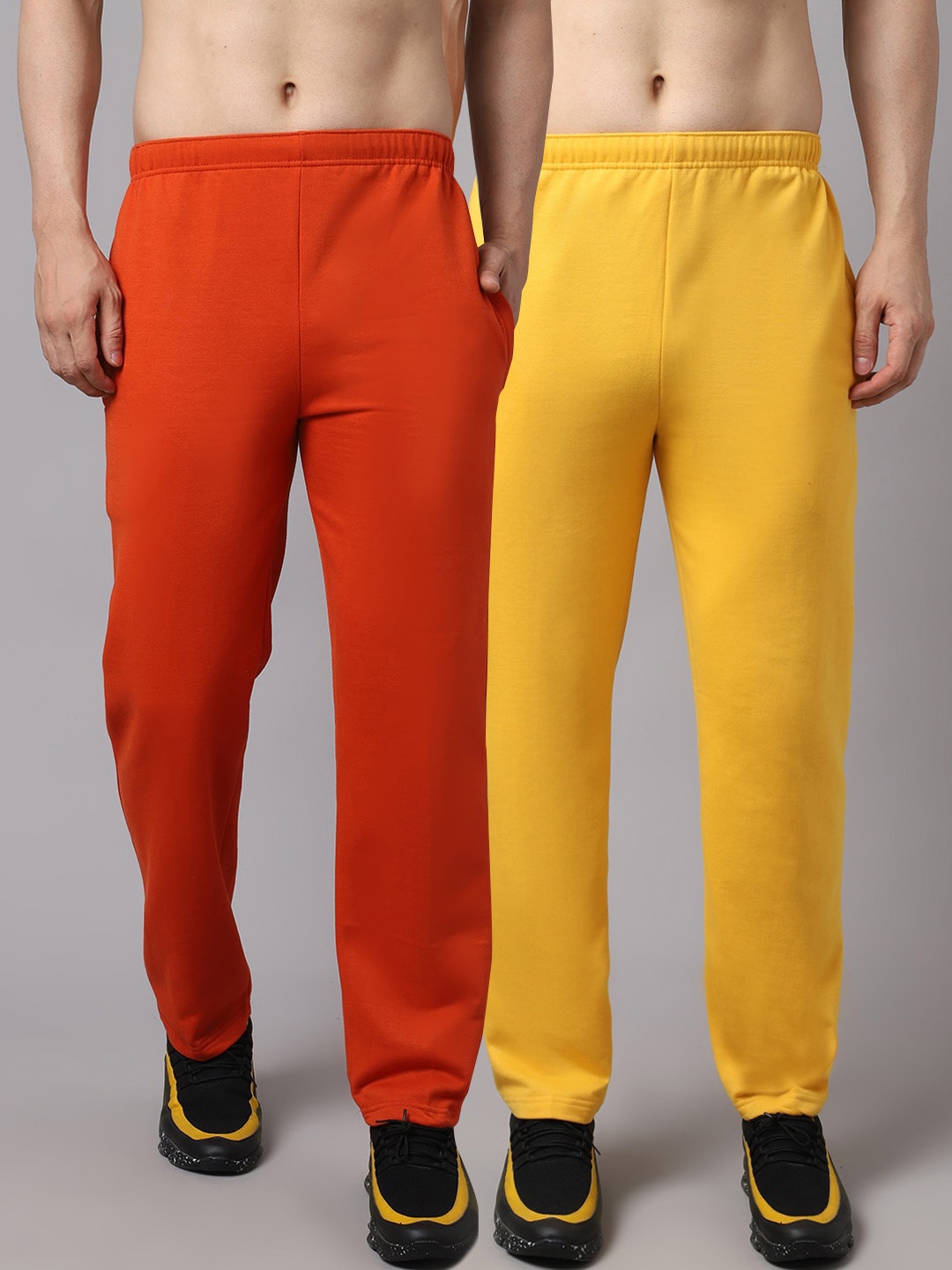

VIMAL JONNEY Men Pack of 2 Red & Yellow Solid Fleece Track Pants