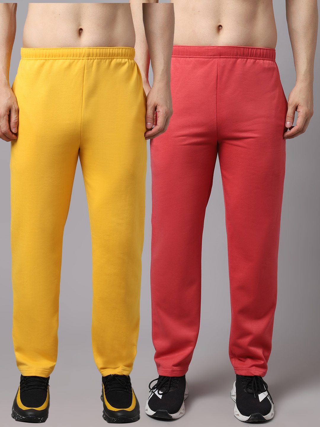 

VIMAL JONNEY Men Pack of 2 Red & Yellow Solid Cotton Track Pants