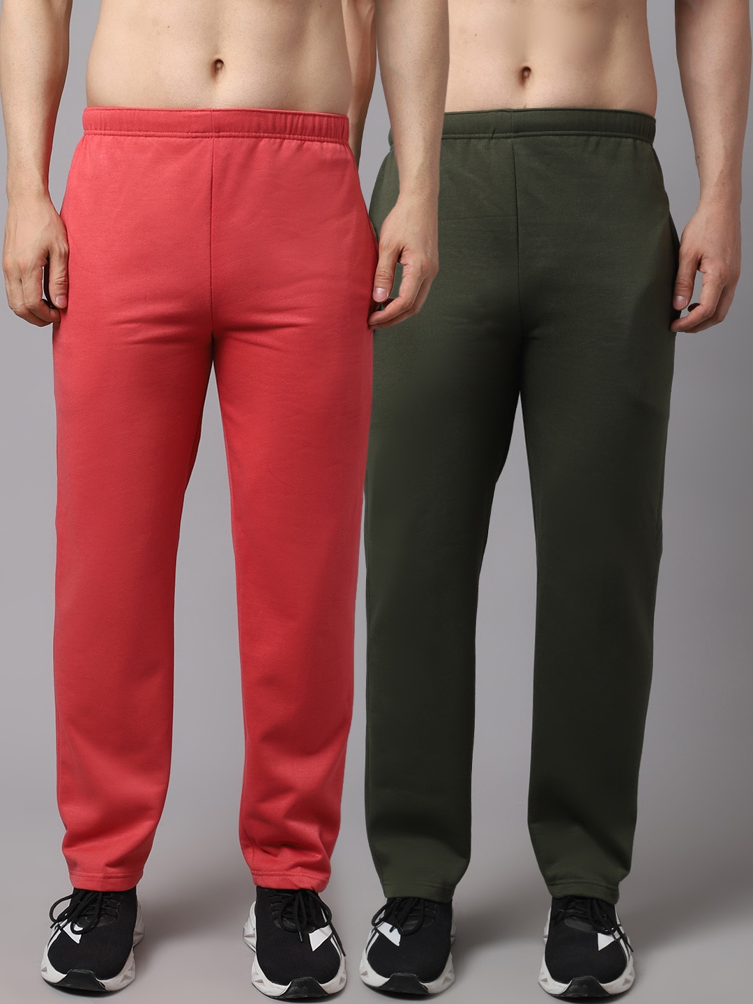 

VIMAL JONNEY Men Pack Of 2 Coral & Olive Solid Pure Cotton Track Pants