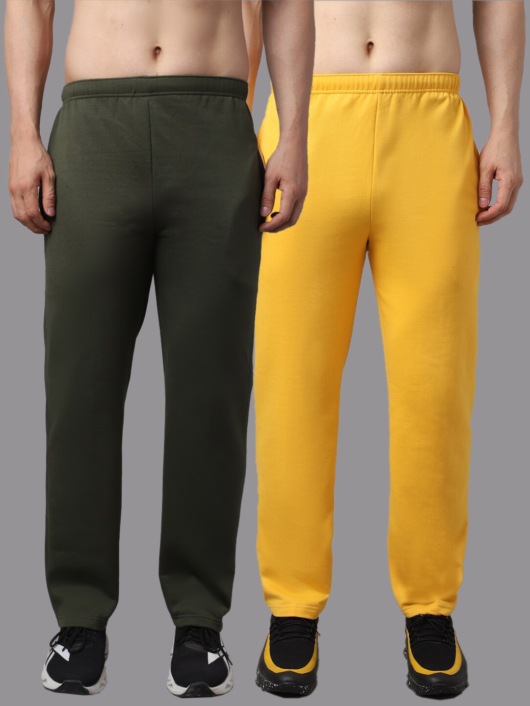 

VIMAL JONNEY Men Pack Of 2 Green & Yellow Solid Pure Cotton Track Pants