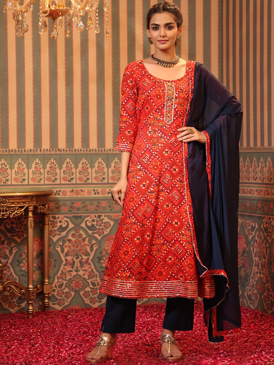 

SCAKHI Women Red Ethnic Motifs Printed Empire Gotta Patti Kurta with Trousers & With Dupatta