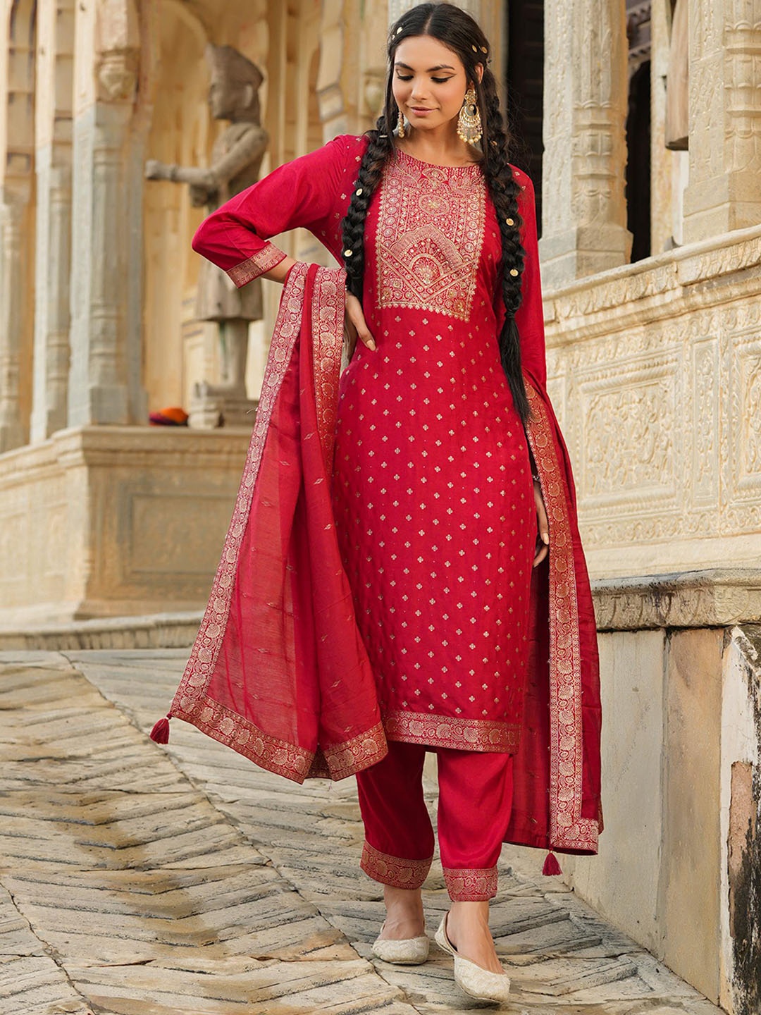 

SCAKHI Women Pink Ethnic Motifs Printed High Slit Pure Silk Kurta with Trousers & With Dupatta