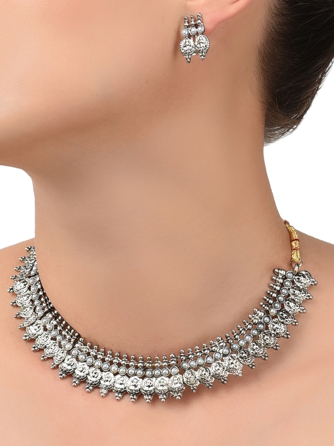 

Zaveri Pearls Oxidised Silver-Toned Temple Jewellery Set