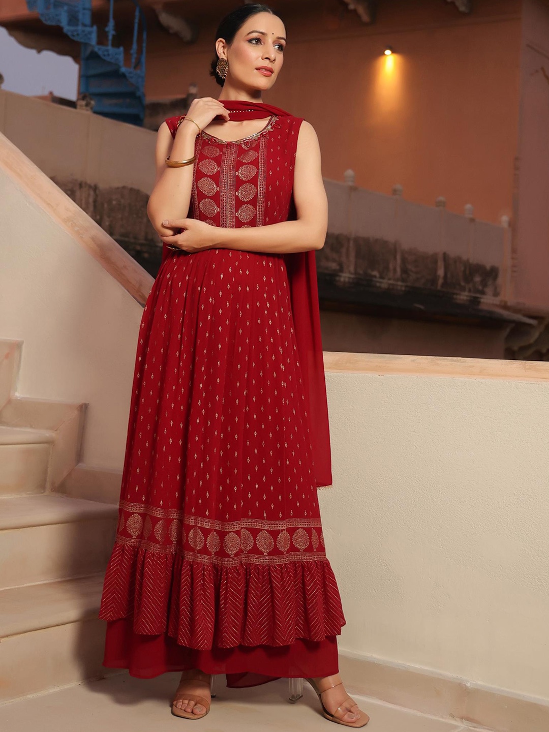 

SCAKHI Women Maroon Ethnic Motifs Printed Pleated Beads and Stones Kurta with Palazzos & With Dupatta
